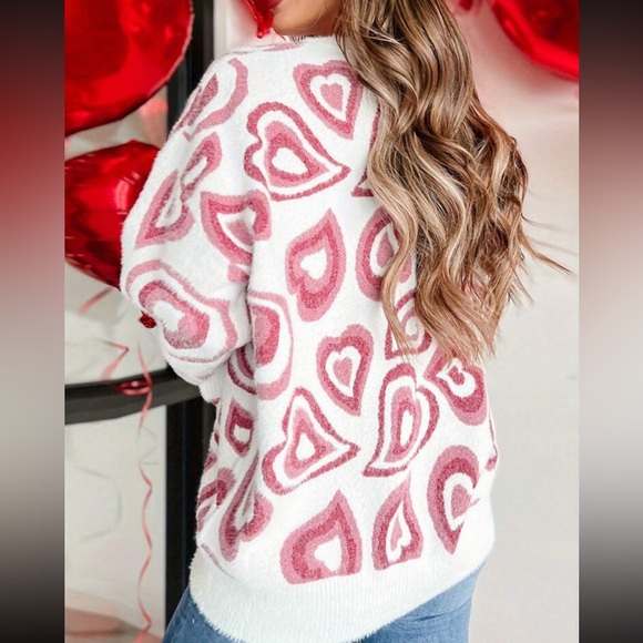 Cozy Heart Pattern Valentine Day Crew Neck Long Sleeve Sweater Top - Picture 5 of 5